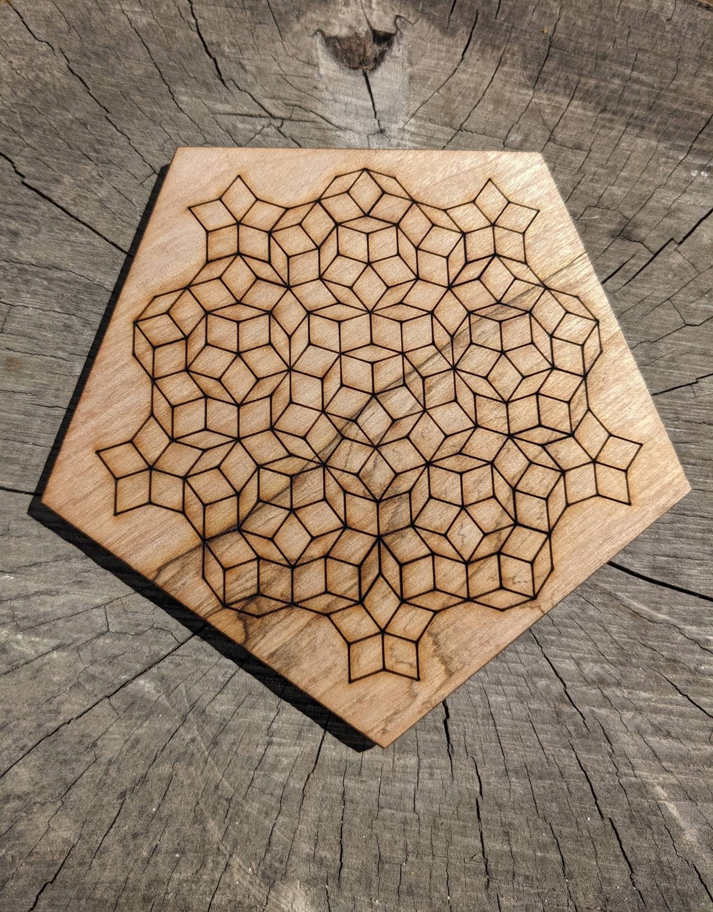 Pentagonal Penrose Tile Set Reclaimed Wood Laser Engraved and Cut Wall Art or Crystal Grid