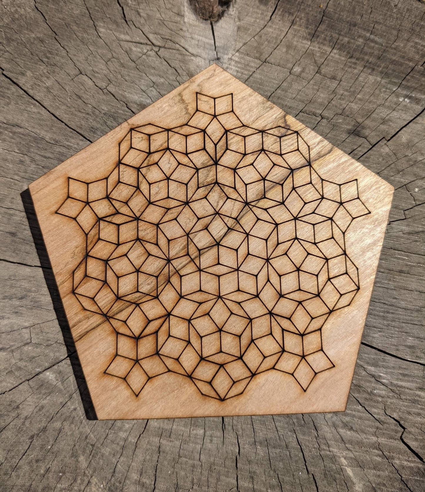 Pentagonal Penrose Tile Set Reclaimed Wood Laser Engraved and Cut Wall Art or Crystal Grid