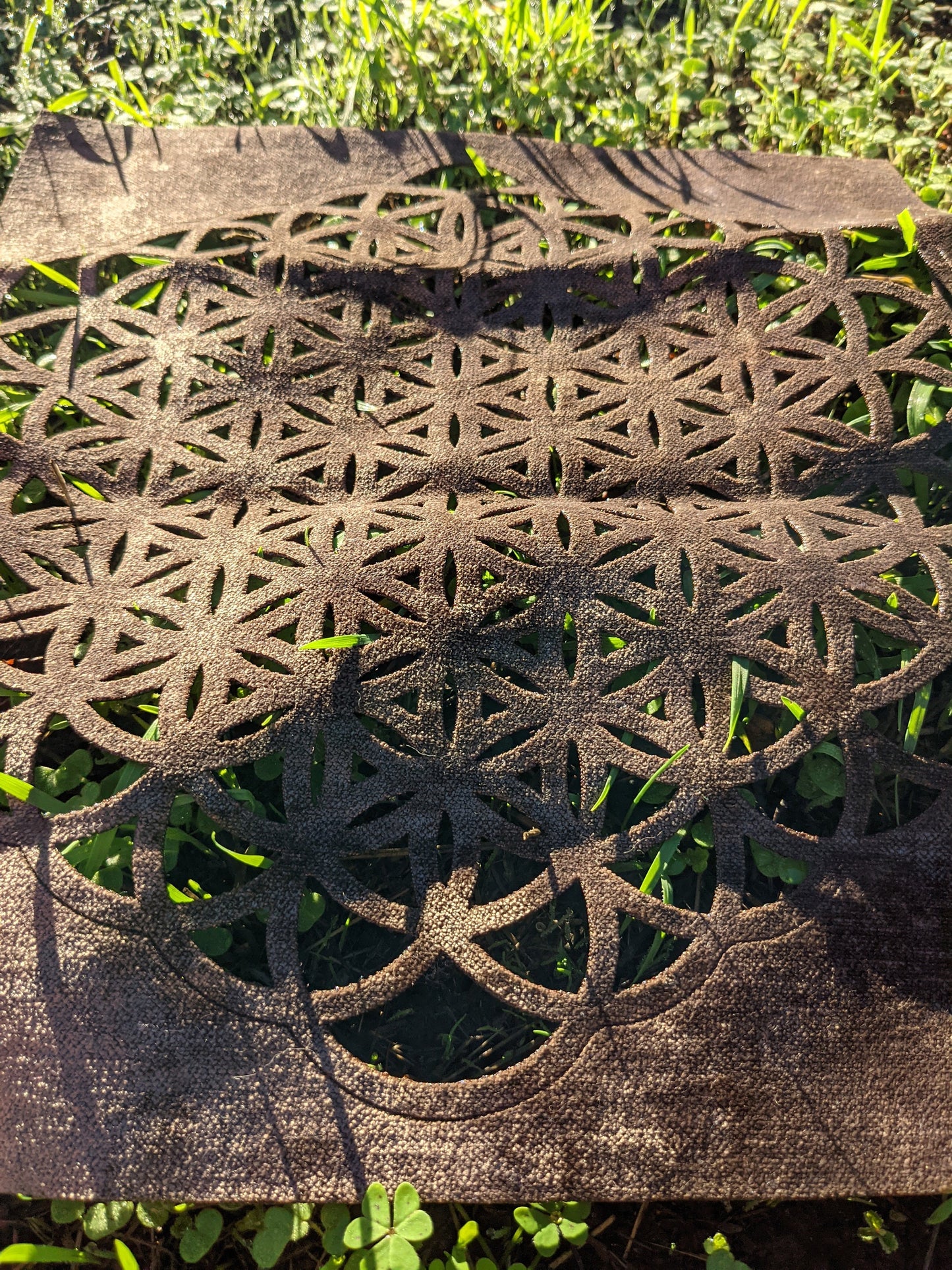 Flower Of Life Altar Cloth or Wall-Hanging in LaserCut Upcycled Earthy Upholstery Fabric - Sacred Geometry Crystal Grid