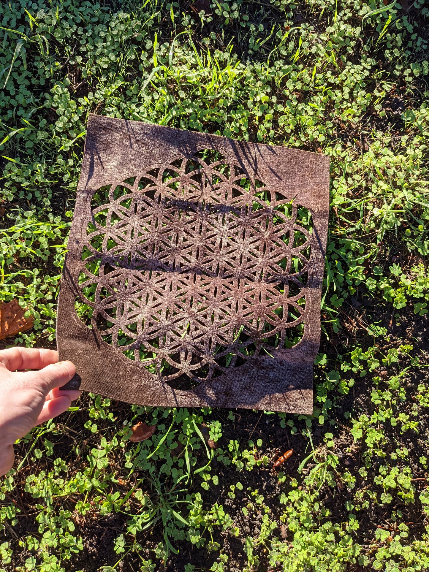 Flower Of Life Altar Cloth or Wall-Hanging in LaserCut Upcycled Earthy Upholstery Fabric - Sacred Geometry Crystal Grid