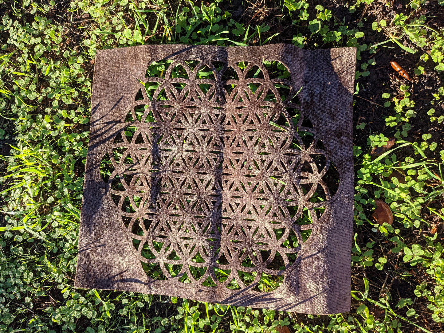 Flower Of Life Altar Cloth or Wall-Hanging in LaserCut Upcycled Earthy Upholstery Fabric - Sacred Geometry Crystal Grid