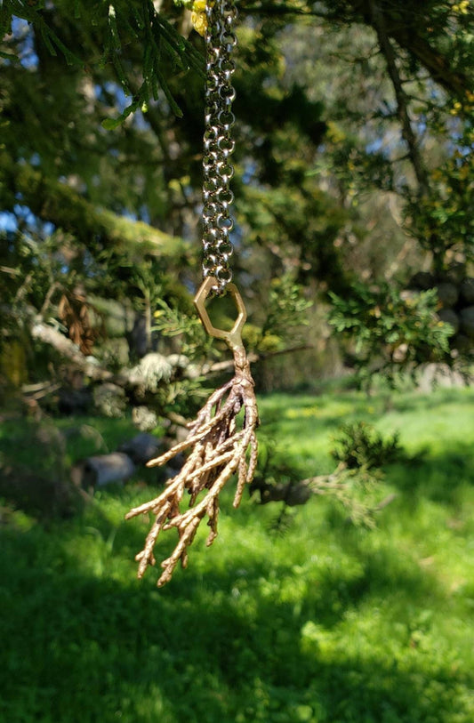 SALE - Monterey Cypress Leaf and Hexagon Cast Bronze Pendant with Gunmetal Finish Chain - NorCal Coast Style Minimalist Nature Layering Necklace