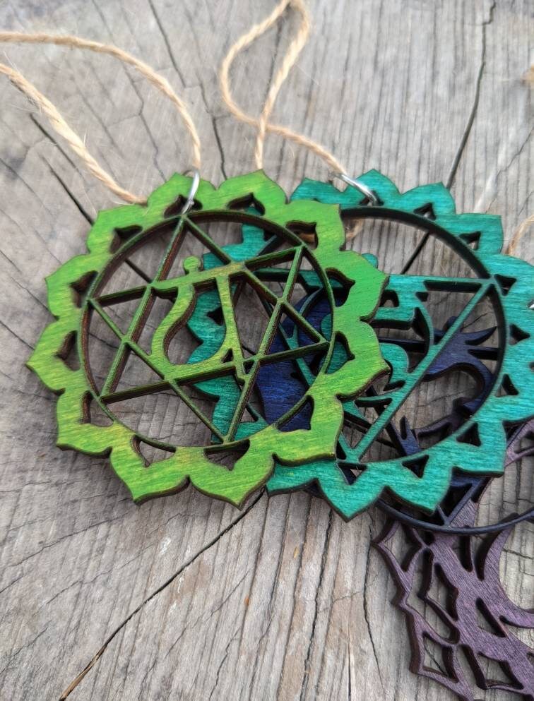 Rainbow Chakra Ornament Set in Lasercut Hand Stained Poplar Ply