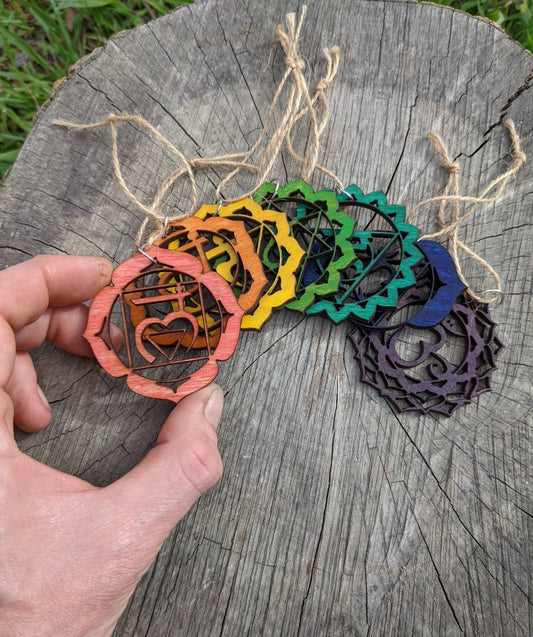 Rainbow Chakra Ornament Set in Lasercut Hand Stained Poplar Ply