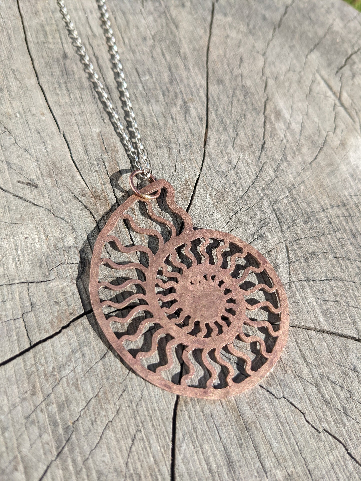 Ammonite Pendant in Bronze with Silver Chain - Nautilus Fossil Seashell Necklace Hand Hammered Jewelry
