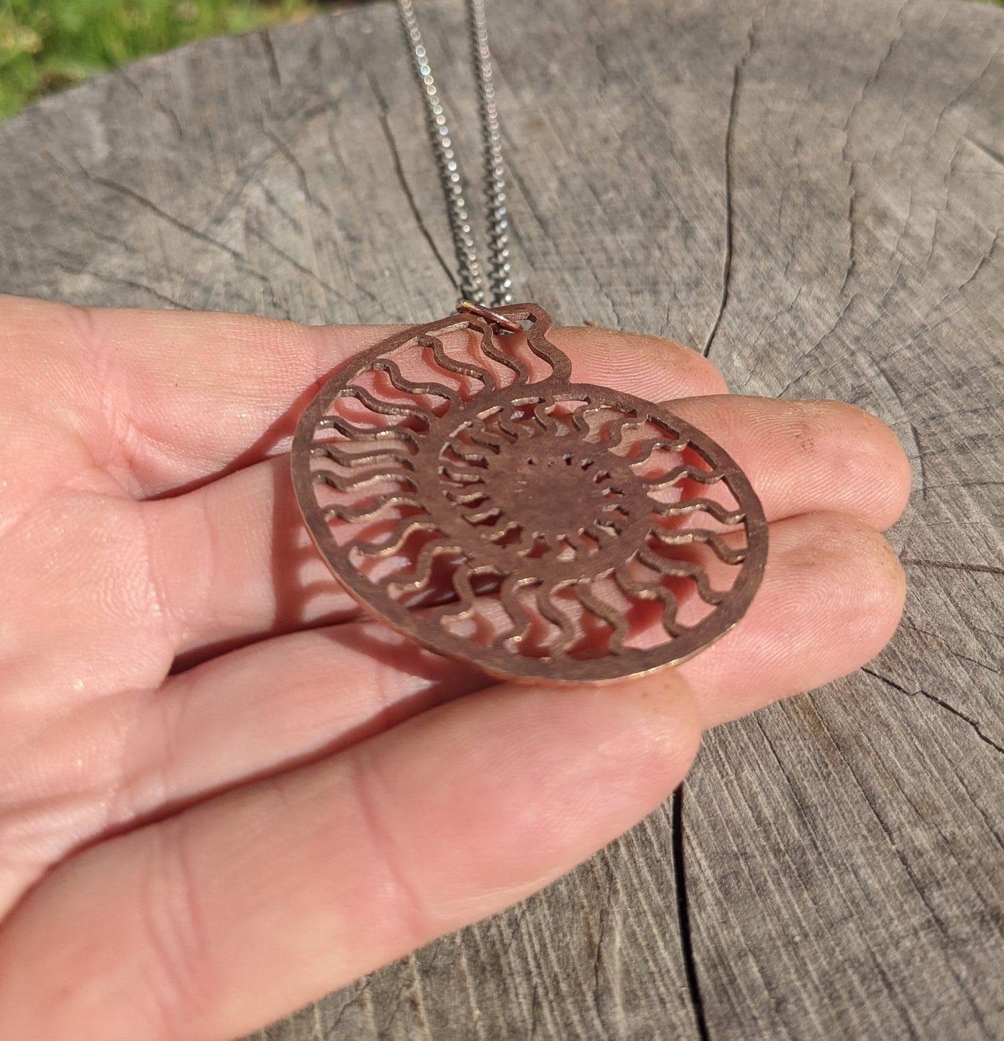 SALE - Ammonite Pendant in Bronze with Silver Chain - Nautilus Fossil Seashell Necklace Hand Hammered Jewelry