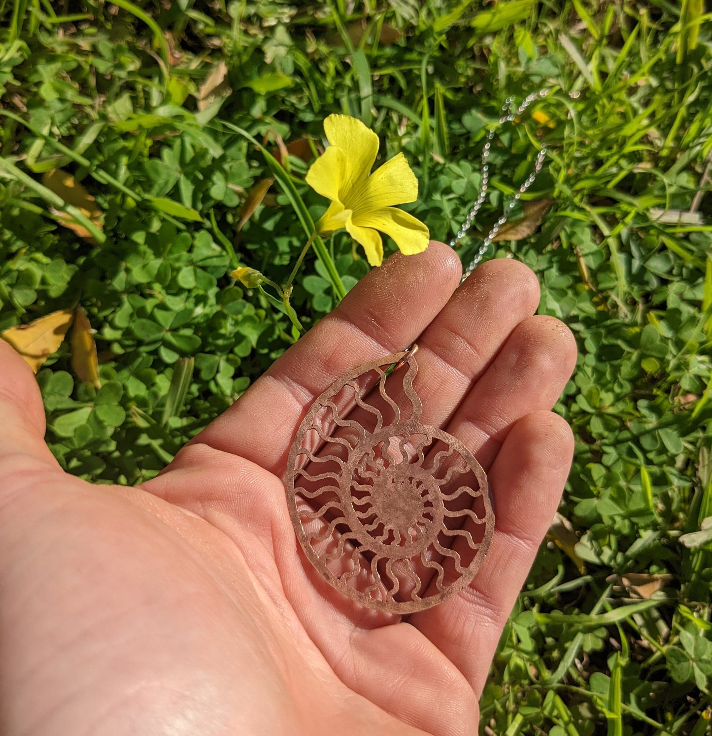 SALE - Ammonite Pendant in Bronze with Silver Chain - Nautilus Fossil Seashell Necklace Hand Hammered Jewelry