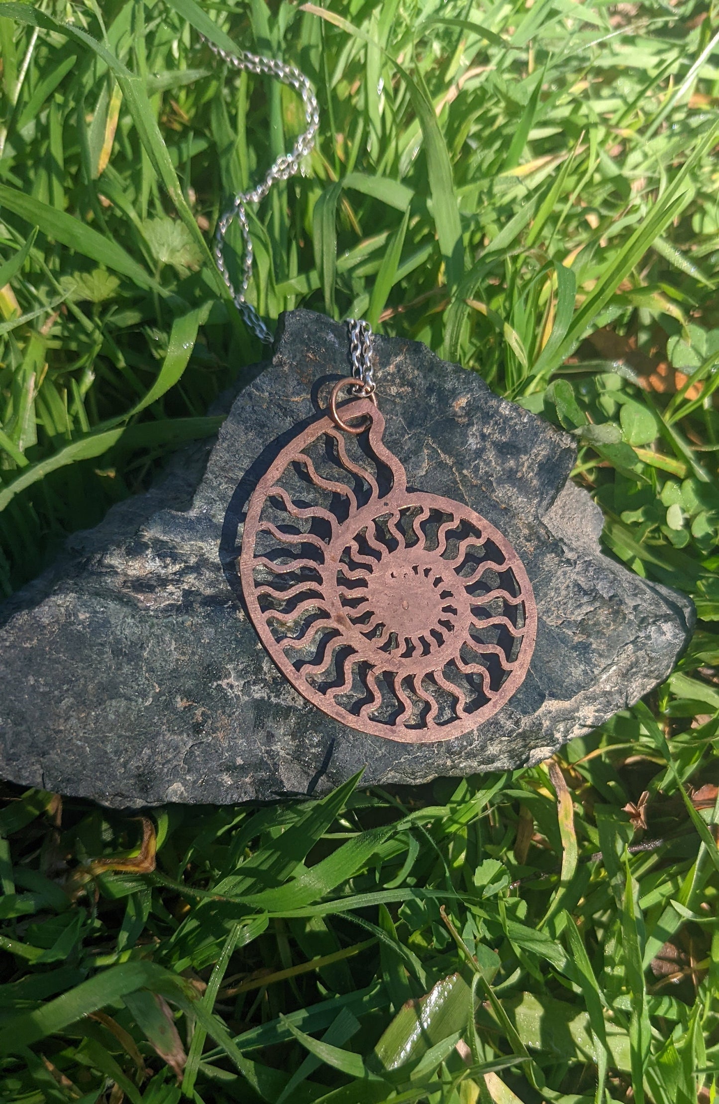 Ammonite Pendant in Bronze with Silver Chain - Nautilus Fossil Seashell Necklace Hand Hammered Jewelry