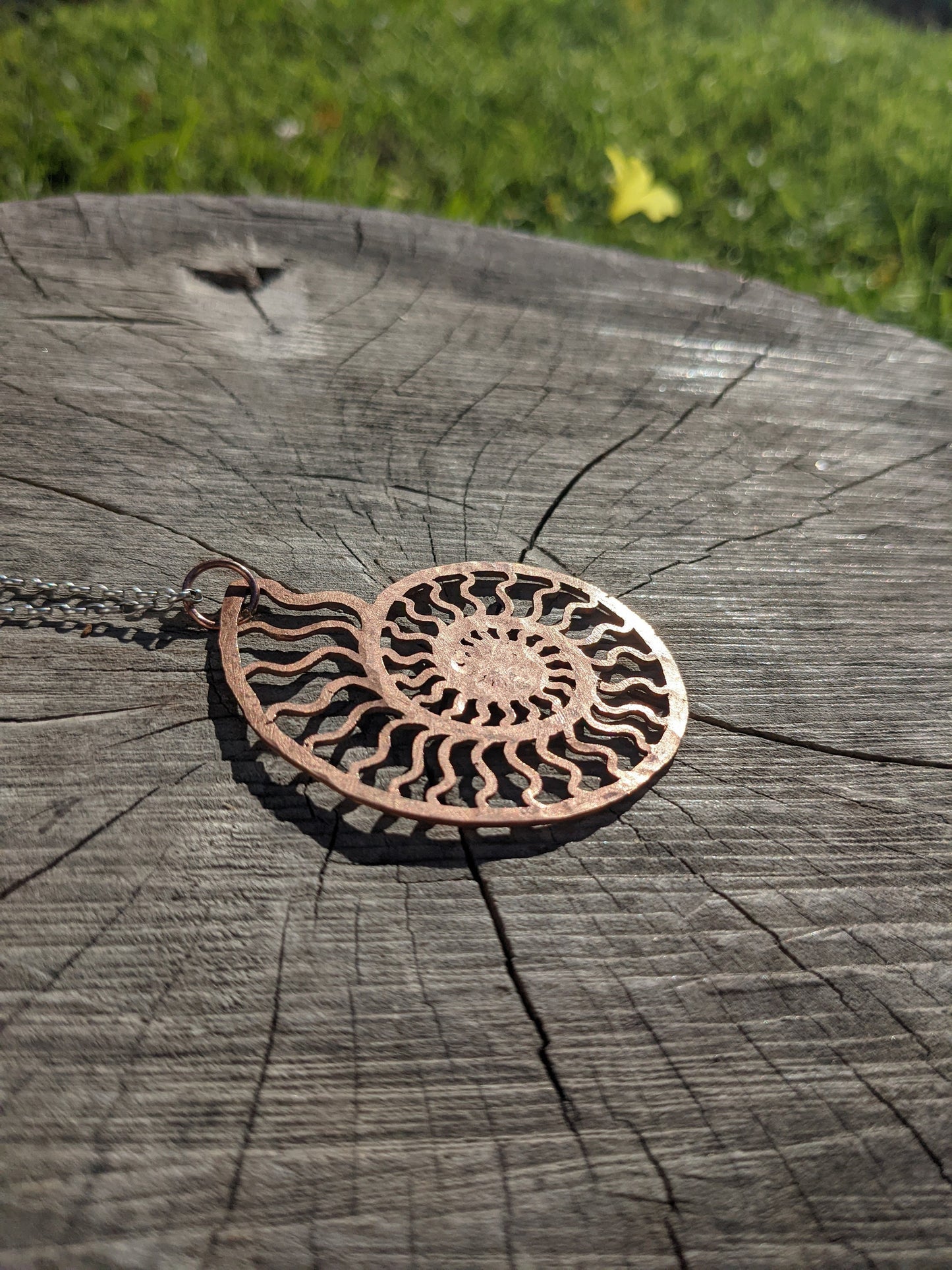 SALE - Ammonite Pendant in Bronze with Silver Chain - Nautilus Fossil Seashell Necklace Hand Hammered Jewelry
