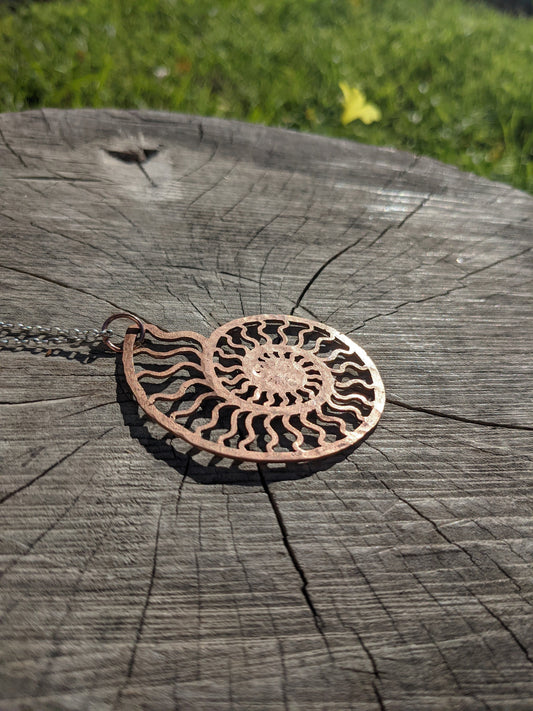 SALE - Ammonite Pendant in Bronze with Silver Chain - Nautilus Fossil Seashell Necklace Hand Hammered Jewelry