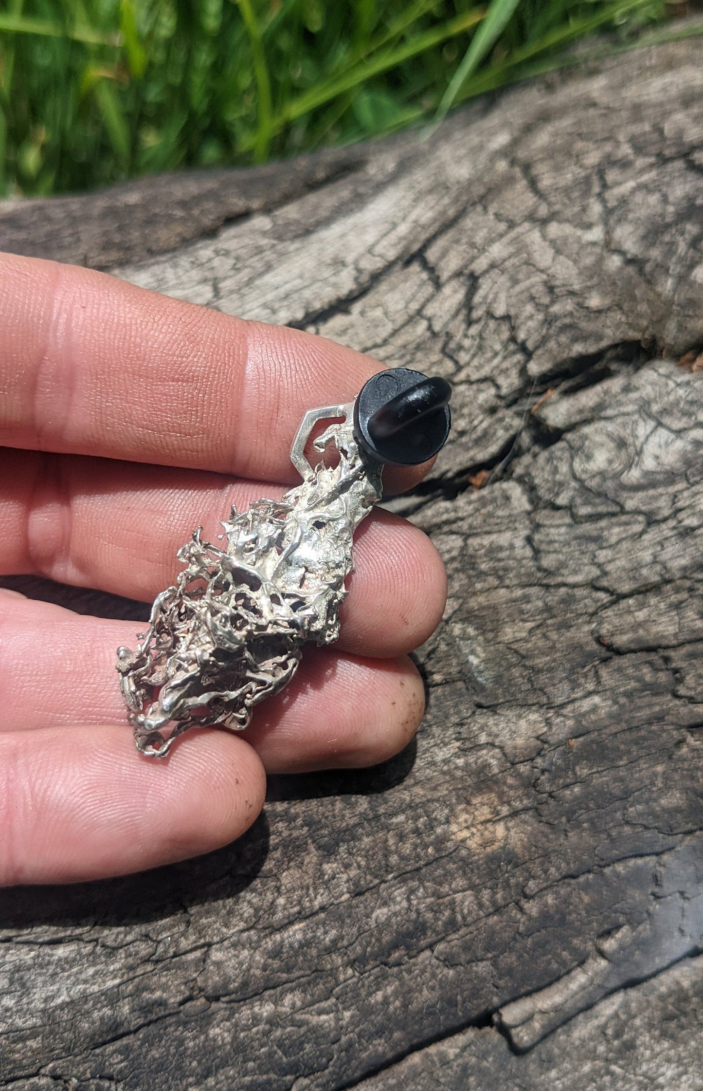 SALE - Oakmoss Coast Live Oak Twig Hexagon Pin in recycled Shibuichi - Northern California Forest Art Brooch Jewelry