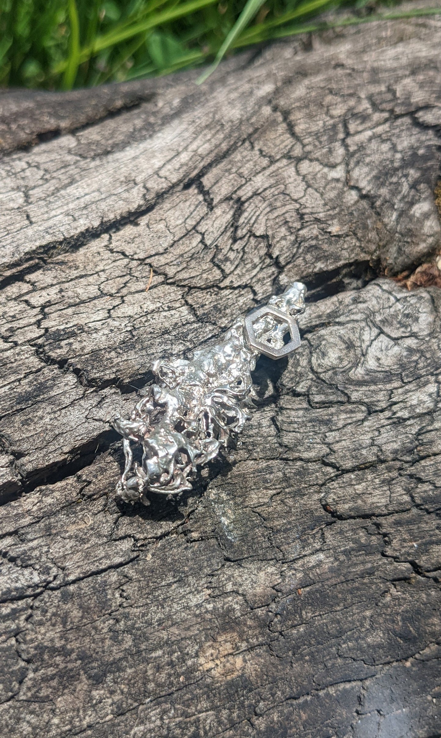 SALE - Oakmoss Coast Live Oak Twig Hexagon Pin in recycled Shibuichi - Northern California Forest Art Brooch Jewelry