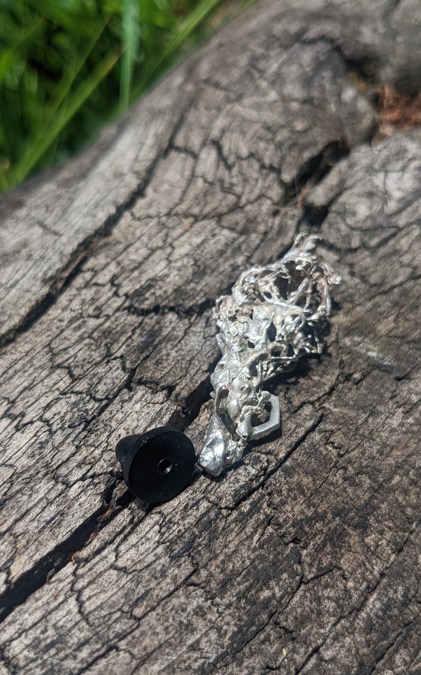 SALE - Oakmoss Coast Live Oak Twig Hexagon Pin in recycled Shibuichi - Northern California Forest Art Brooch Jewelry