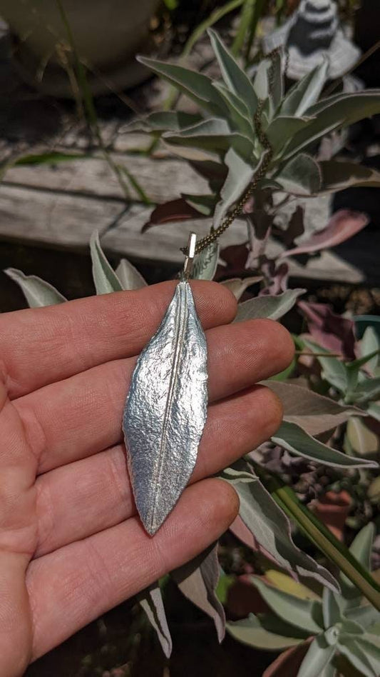 White Sage Leaf Hexagon Pendant in Recycled 925 Silver with your choice of Silver or Bronze chain - California Nature Jewelry