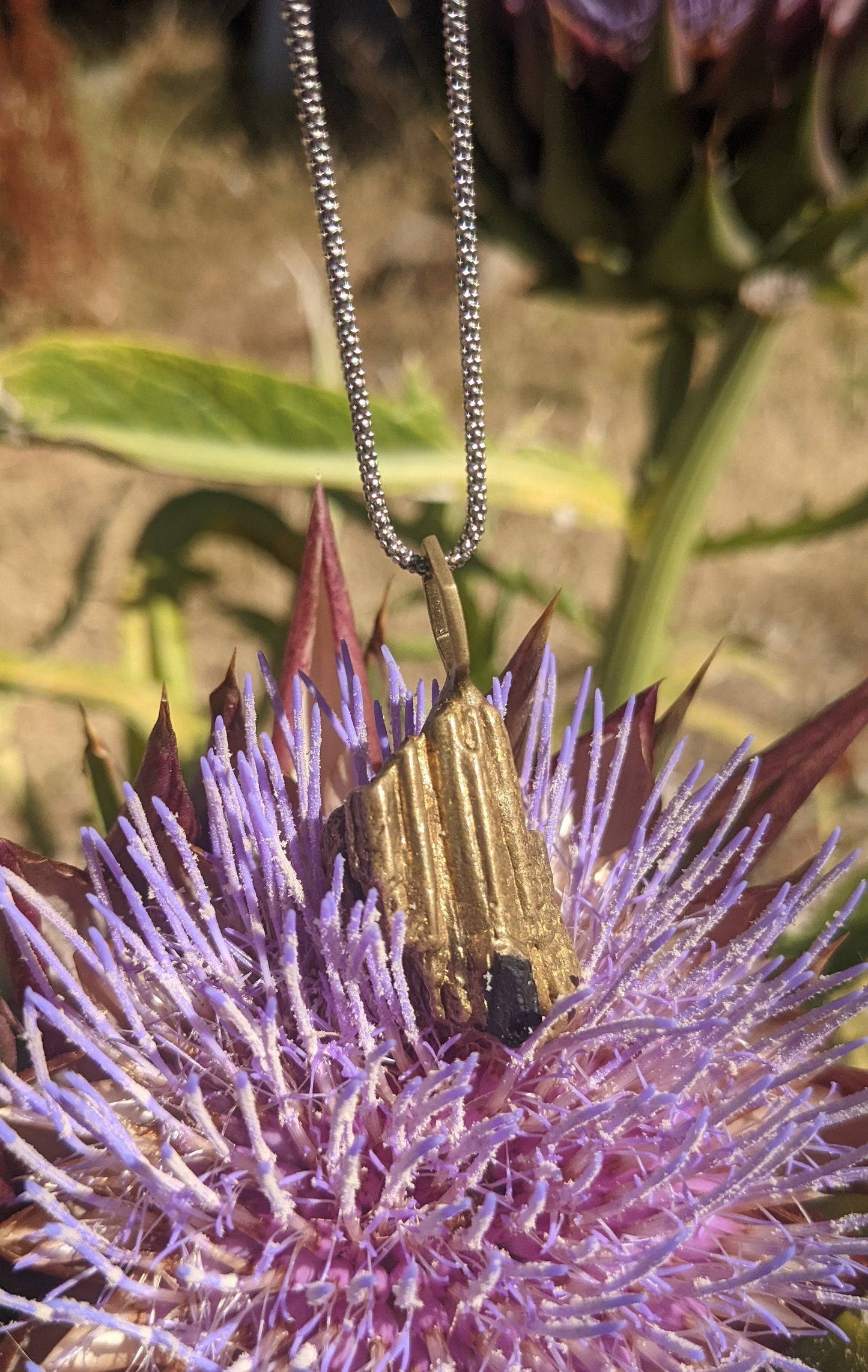 SALE - Tourmaline Crystal Hexagon Pendant with Cast in Place California Black Tourmaline Pendant in Brass with 925 Sterling Silver Popcorn Chain
