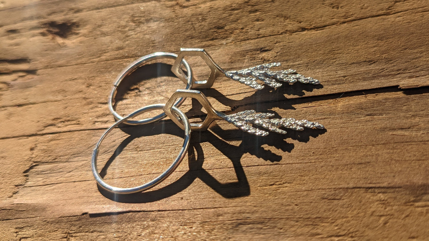 SALE - Incense Cedar Leaf Tip and Hexagon Cast Silver Earrings - Northern California Forest Art Jewelry - West Coast Fashion - NorCal