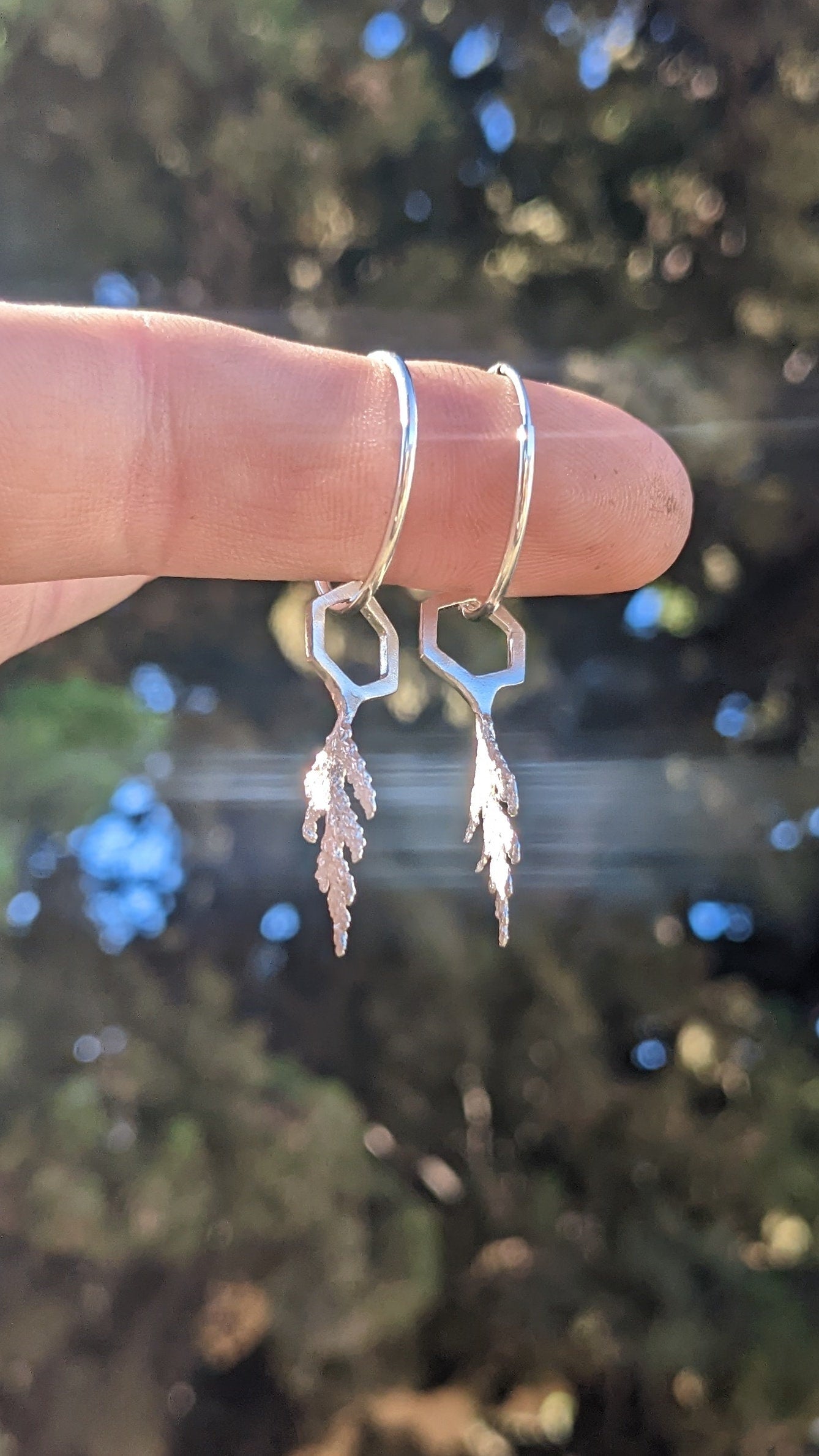 SALE - Incense Cedar Leaf Tip and Hexagon Cast Silver Earrings - Northern California Forest Art Jewelry - West Coast Fashion - NorCal