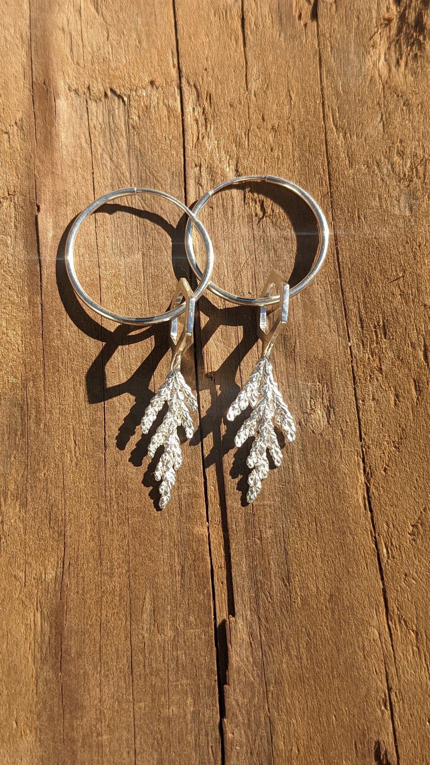 SALE - Incense Cedar Leaf Tip and Hexagon Cast Silver Earrings - Northern California Forest Art Jewelry - West Coast Fashion - NorCal