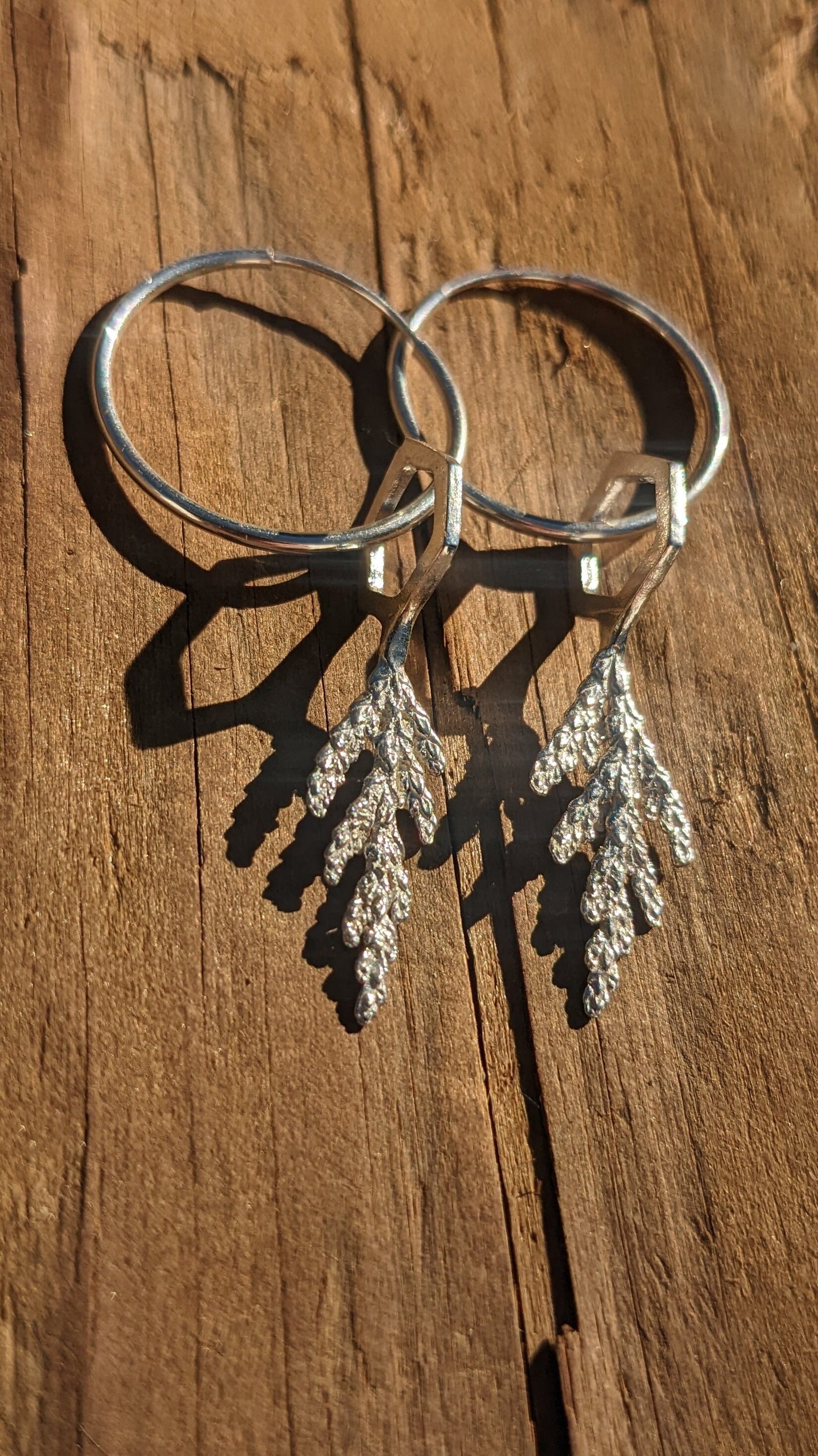 SALE - Incense Cedar Leaf Tip and Hexagon Cast Silver Earrings - Northern California Forest Art Jewelry - West Coast Fashion - NorCal