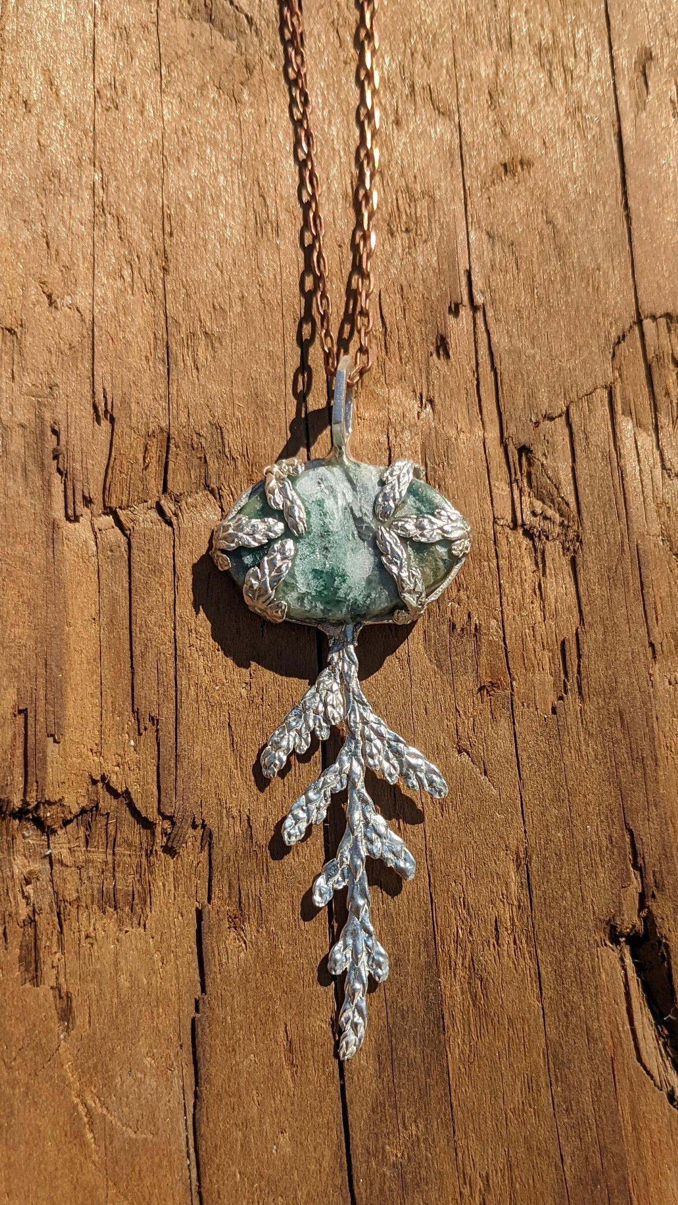 Western Redcedar Hexagon Pendant with Washington State Listwanite in Recycled 925 Silver - PNW NorCal Forest Art Jewelry