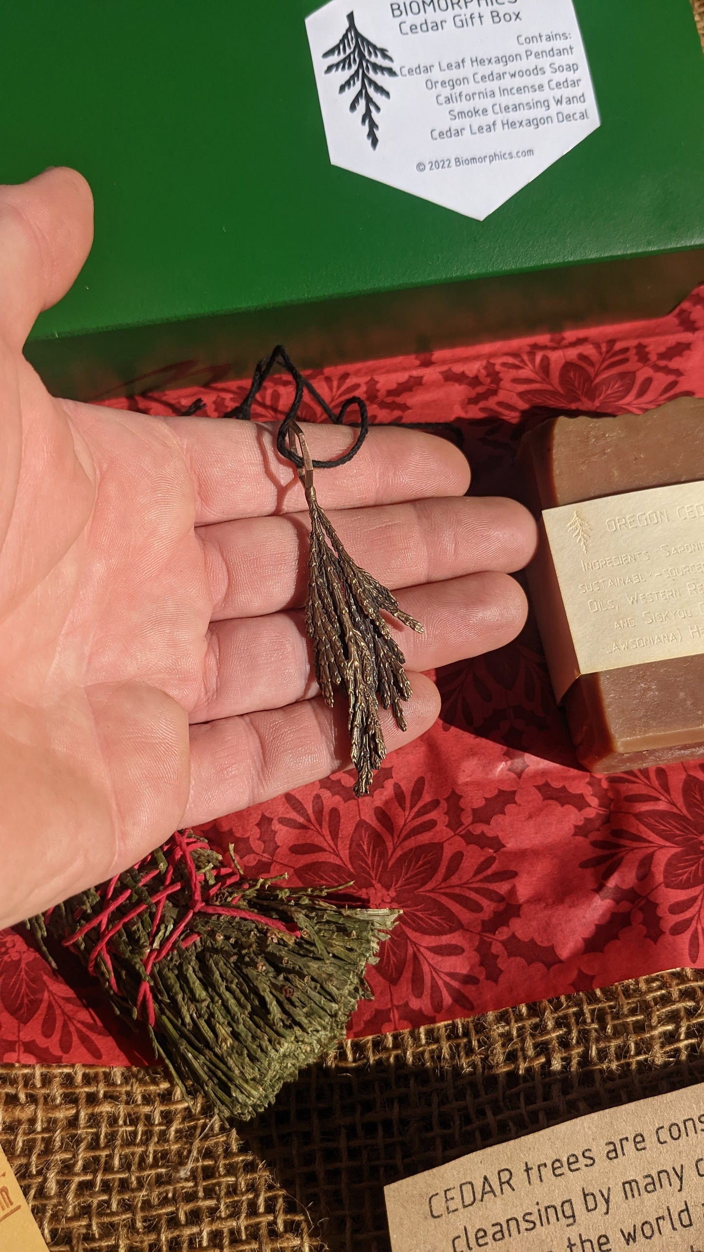 Cedar Gift Box - Includes Cast Cedar Leaf Pendant, Oregon Cedarwoods Soap, Cedar Smoke Cleansing Wand, and Cedar Leaf Hexagon Decal