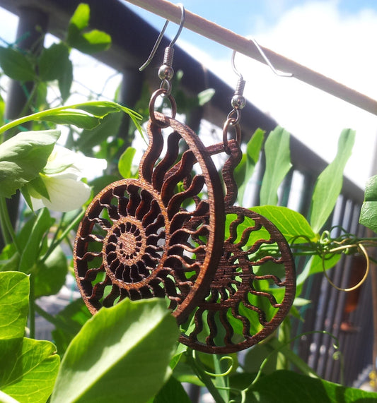 Ammonite Lasercut Wood Earrings - Nautilus