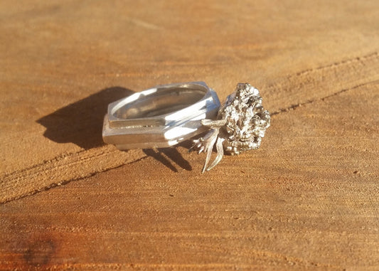 SALE - Redwood with Hexagons Ring - Customizable Northern California Forest Art Jewelry in Recycled Silver and Shibuichi - Size 8