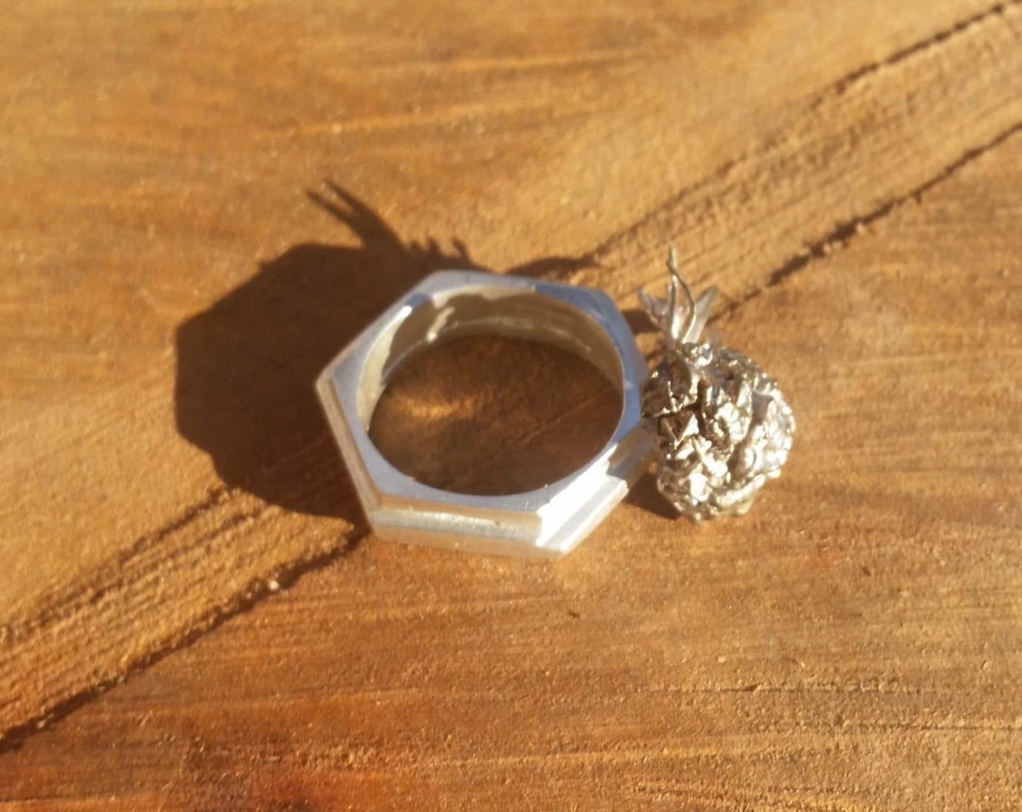 Redwood with Hexagons Ring - Customizable Northern California Forest Art Jewelry in Recycled Silver and Shibuichi - Size 8