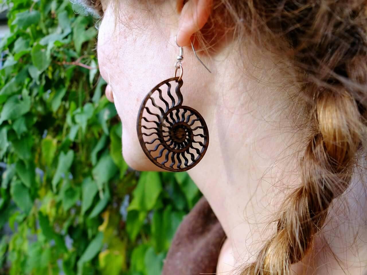 Ammonite Lasercut Wood Earrings - Nautilus