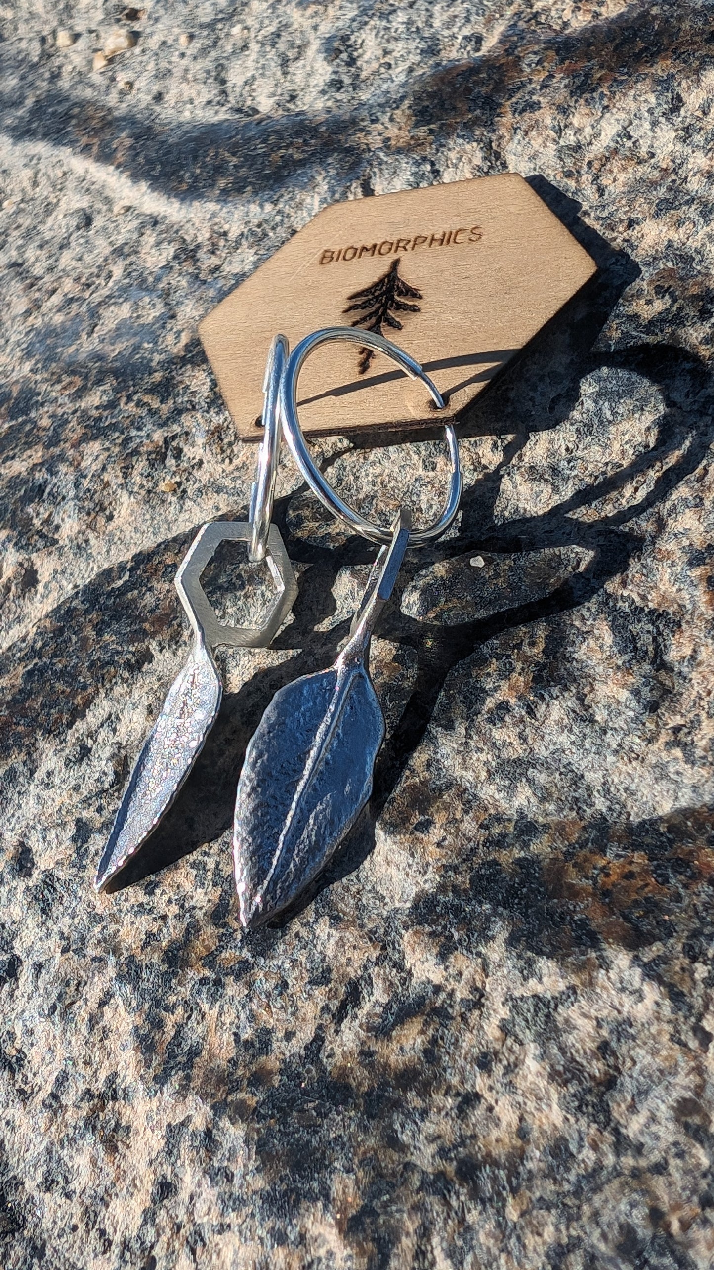 SALE - White Sage Leaf Hexagon Earrings in Recycled 925 Silver with Endless Hoops