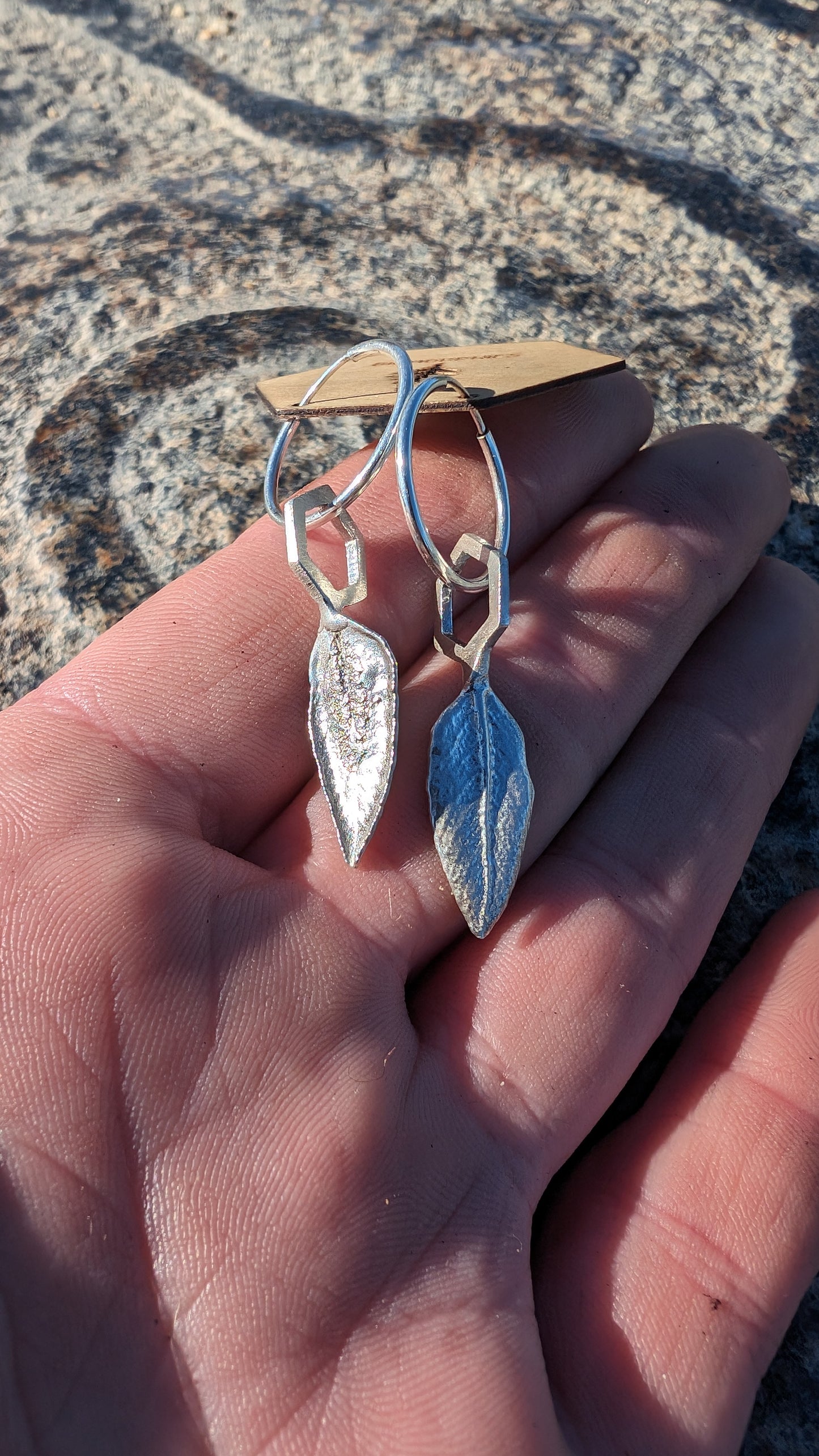 SALE - White Sage Leaf Hexagon Earrings in Recycled 925 Silver with Endless Hoops