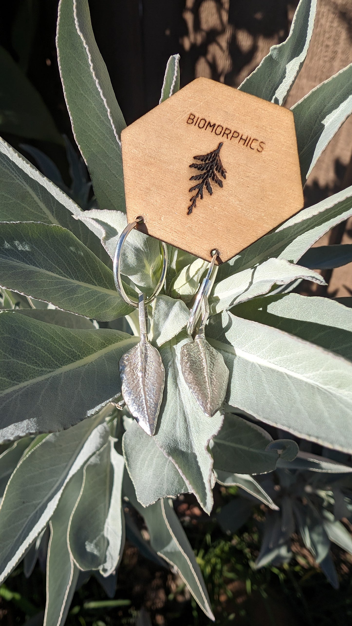 SALE - White Sage Leaf Hexagon Earrings in Recycled 925 Silver with Endless Hoops