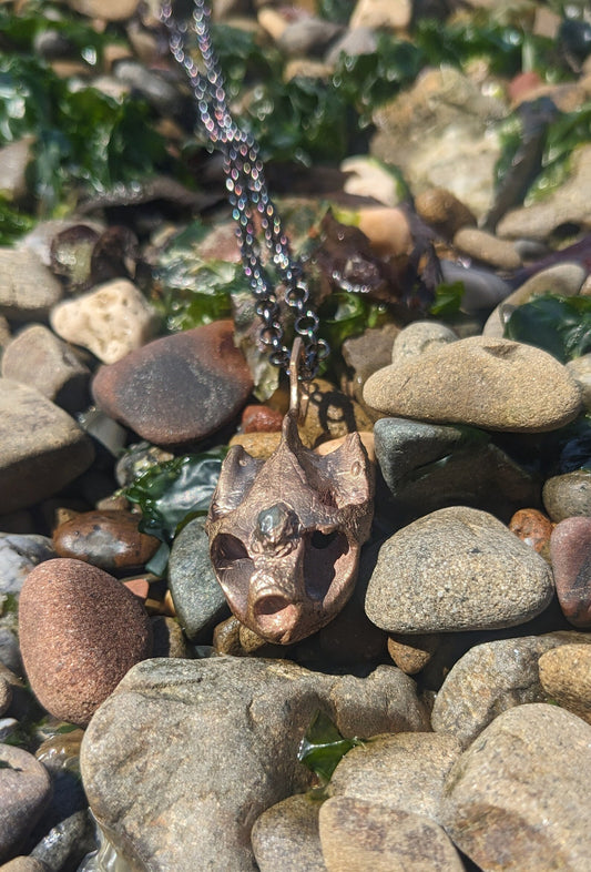 SALE - Western Pond Turtle Skull Hexagon Pendant with Montana Sapphire Pendant in Bronze - Cast in Place Third Eye Crystal Talisman