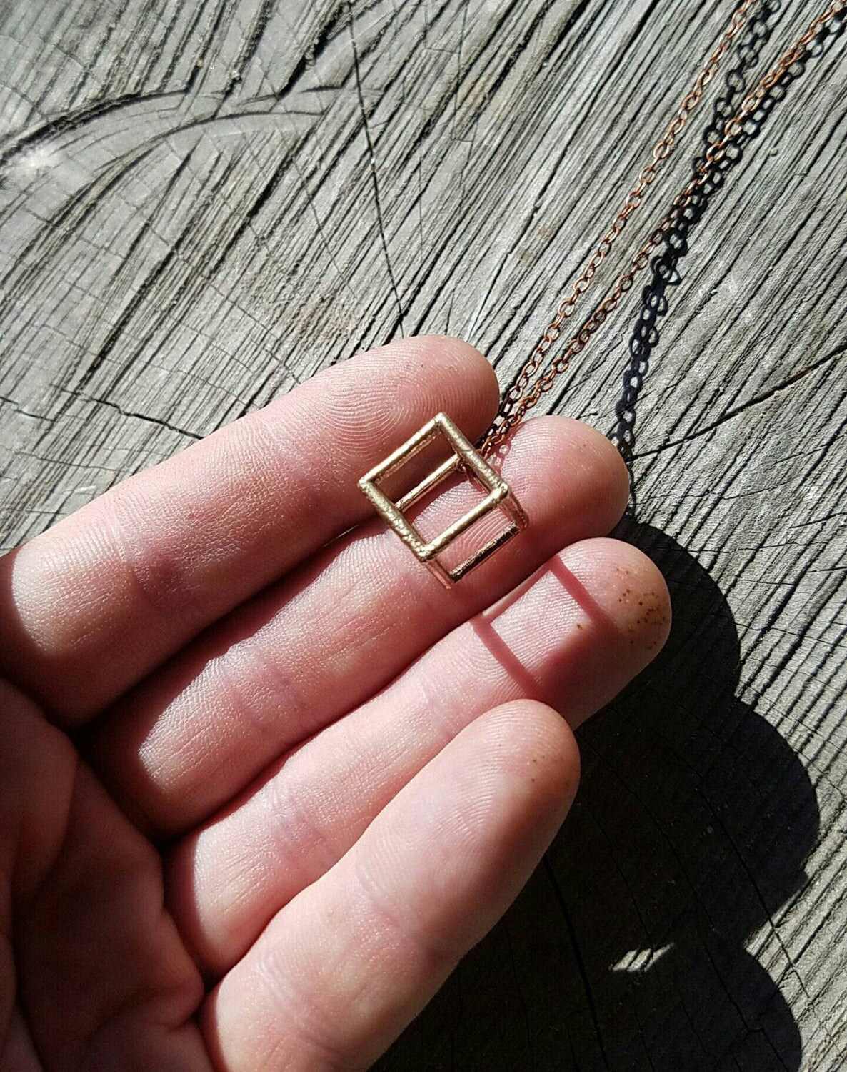 Hexahedron Platonic Solid Bronze Pendant with Chain - Cube