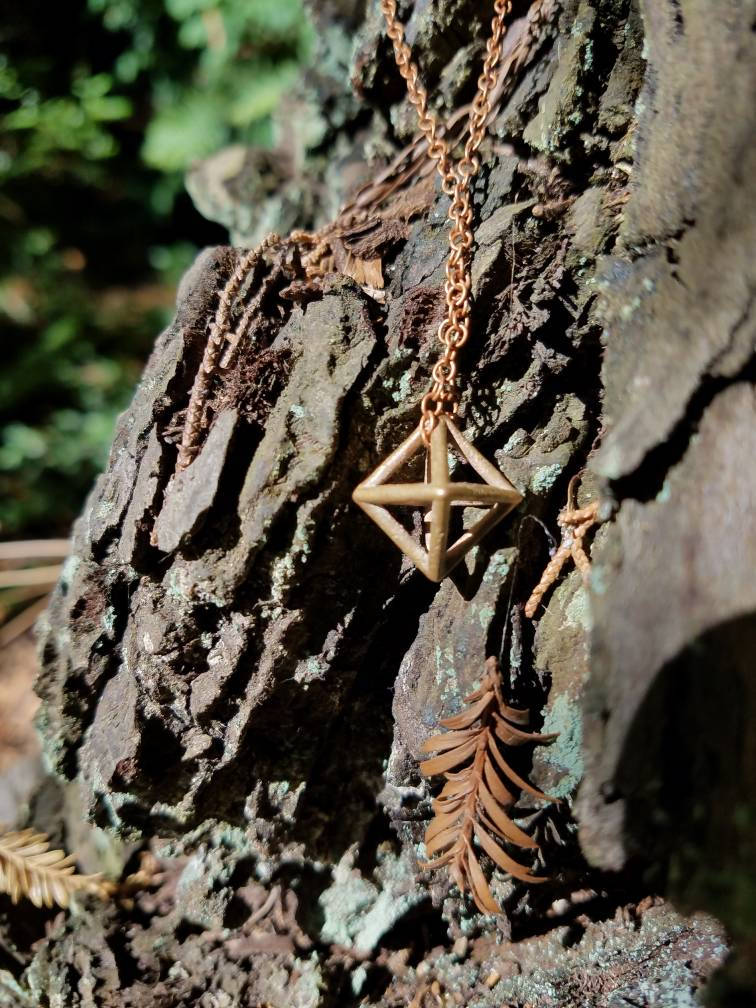 Octahedron Platonic Solid Bronze Pendant with Chain