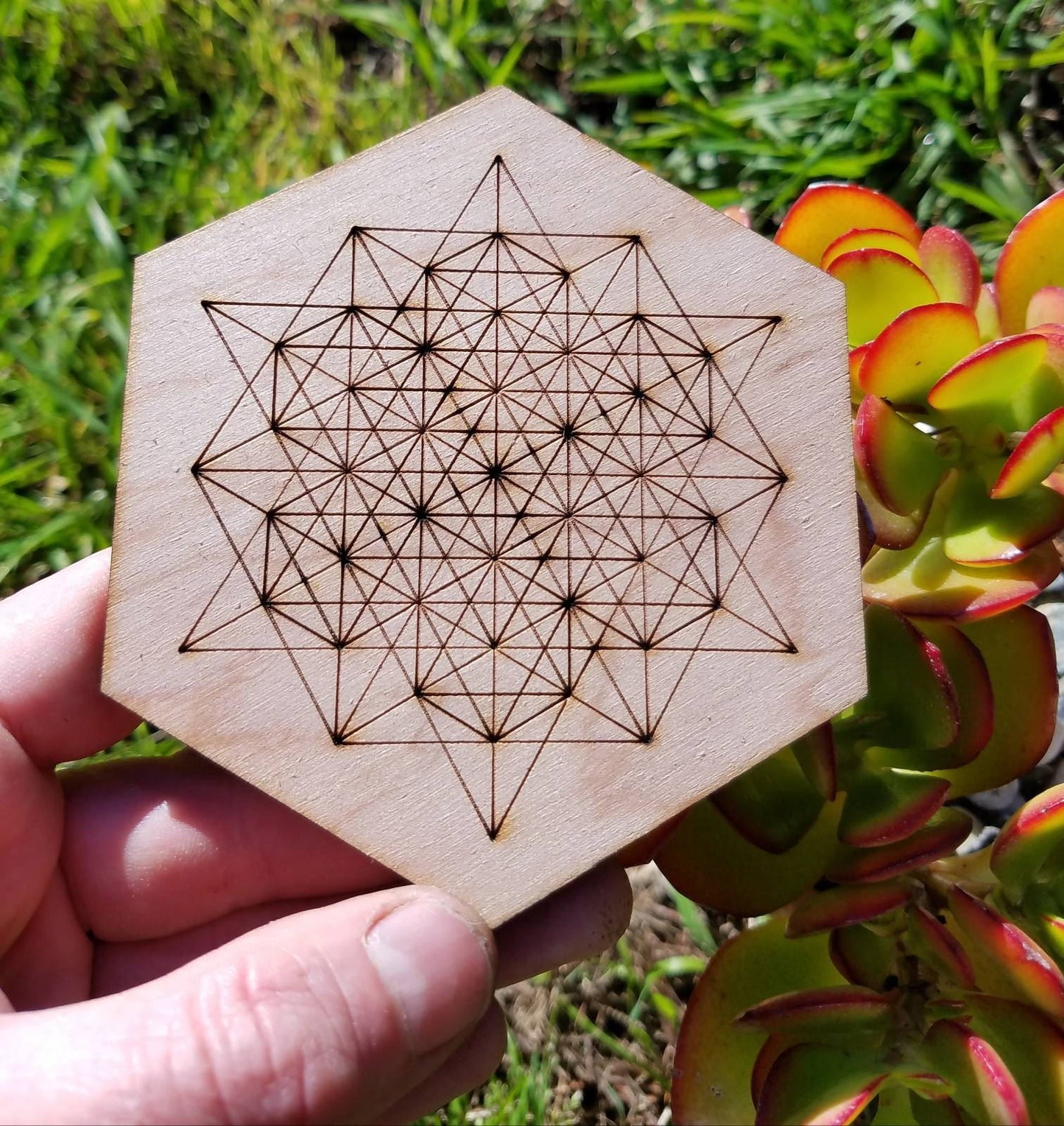 ONE Sacred Geometry Coaster or Mini Crystal Grid - Flower Of Life, 64 Tetrahedron, Metatron - LaserEngraved from Sustainably Grown Wood