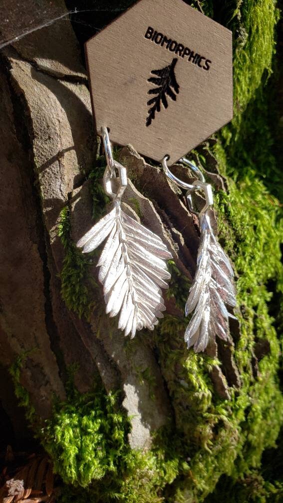 SALE - Redwood Leaf and Hexagon Cast Sterling Silver Earrings - Redwood Forest Leaf Jewelry - NorCal PNW West Coast Upper Left USA