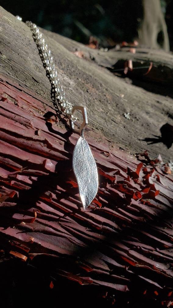 SALE - Manzanita Leaf Hexagon Charm Pendant- Northern California Forest Art Jewelry in Recycled Sterling Silver