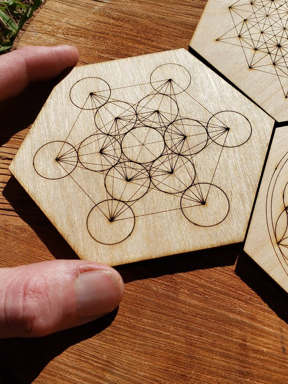 ONE Sacred Geometry Coaster or Mini Crystal Grid - Flower Of Life, 64 Tetrahedron, Metatron - LaserEngraved from Sustainably Grown Wood