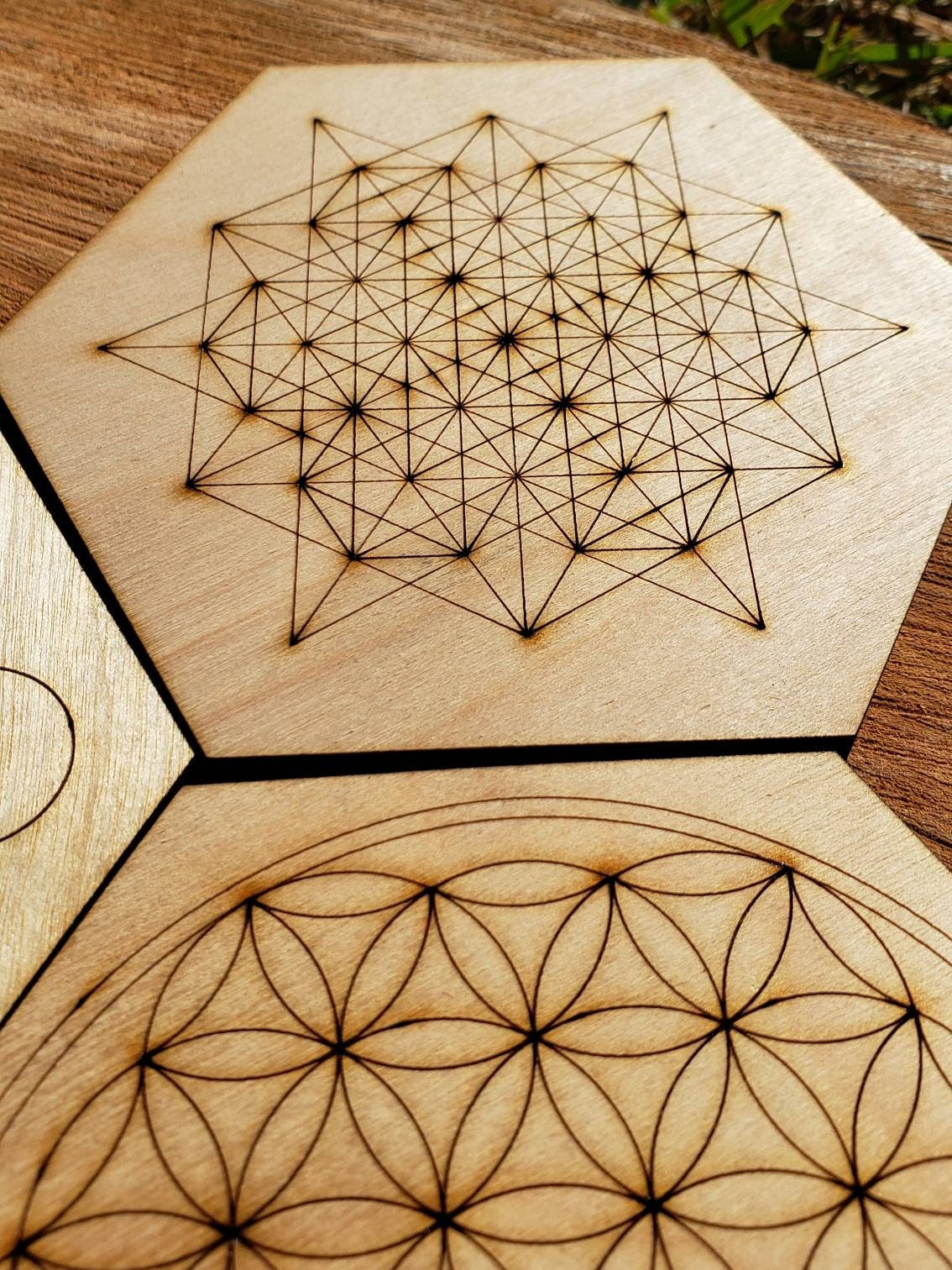 ONE Sacred Geometry Coaster or Mini Crystal Grid - Flower Of Life, 64 Tetrahedron, Metatron - LaserEngraved from Sustainably Grown Wood