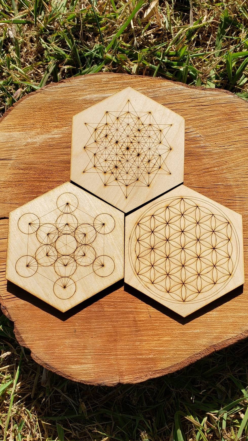 ONE Sacred Geometry Coaster or Mini Crystal Grid - Flower Of Life, 64 Tetrahedron, Metatron - LaserEngraved from Sustainably Grown Wood