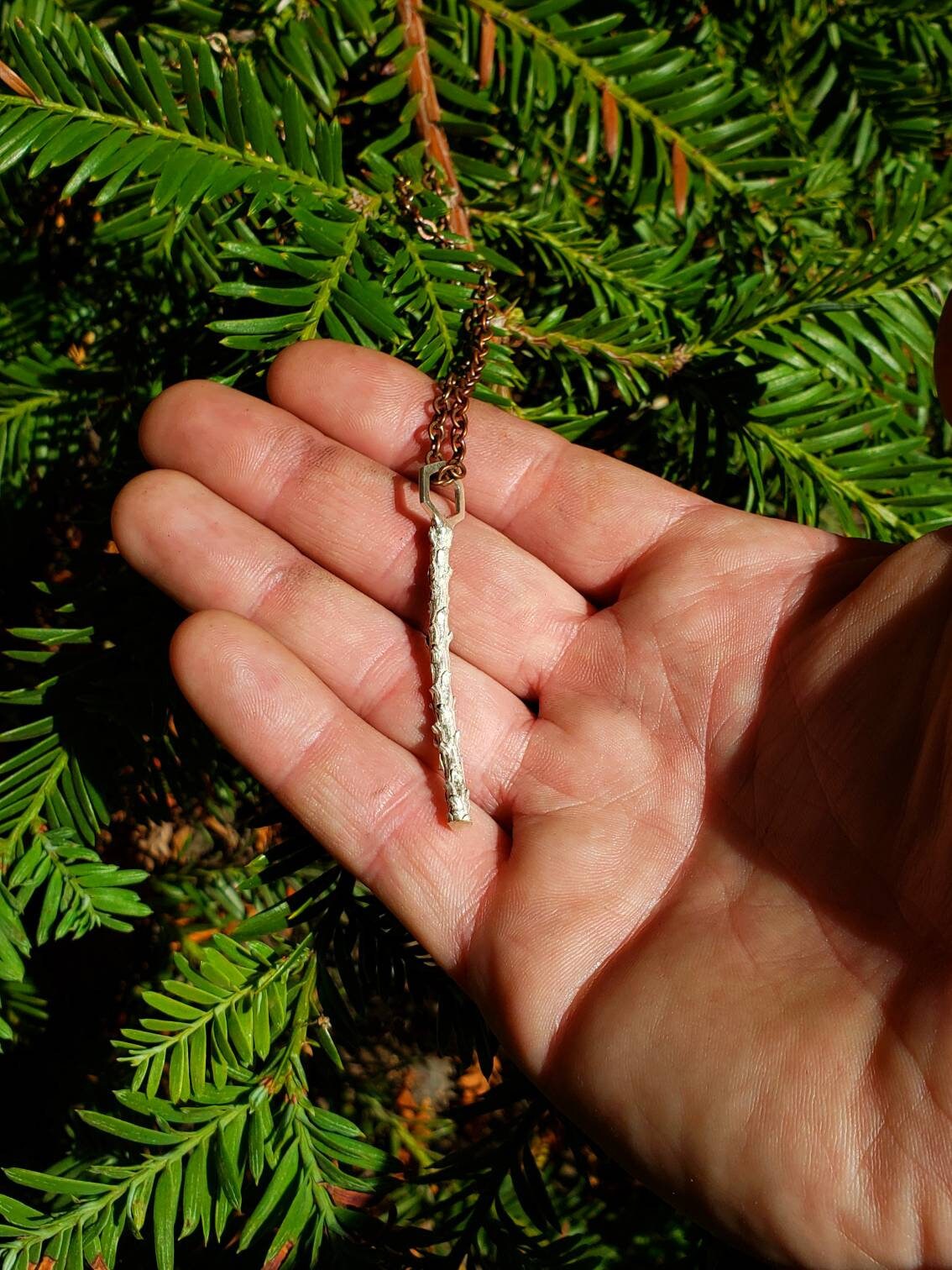 SALE - Key to the Forest - Redwood Twig Hexagon Cast 925 Silver Pendant with Copper Chain - NorCal PNW Style Rustic Chic West Coast Jewelry