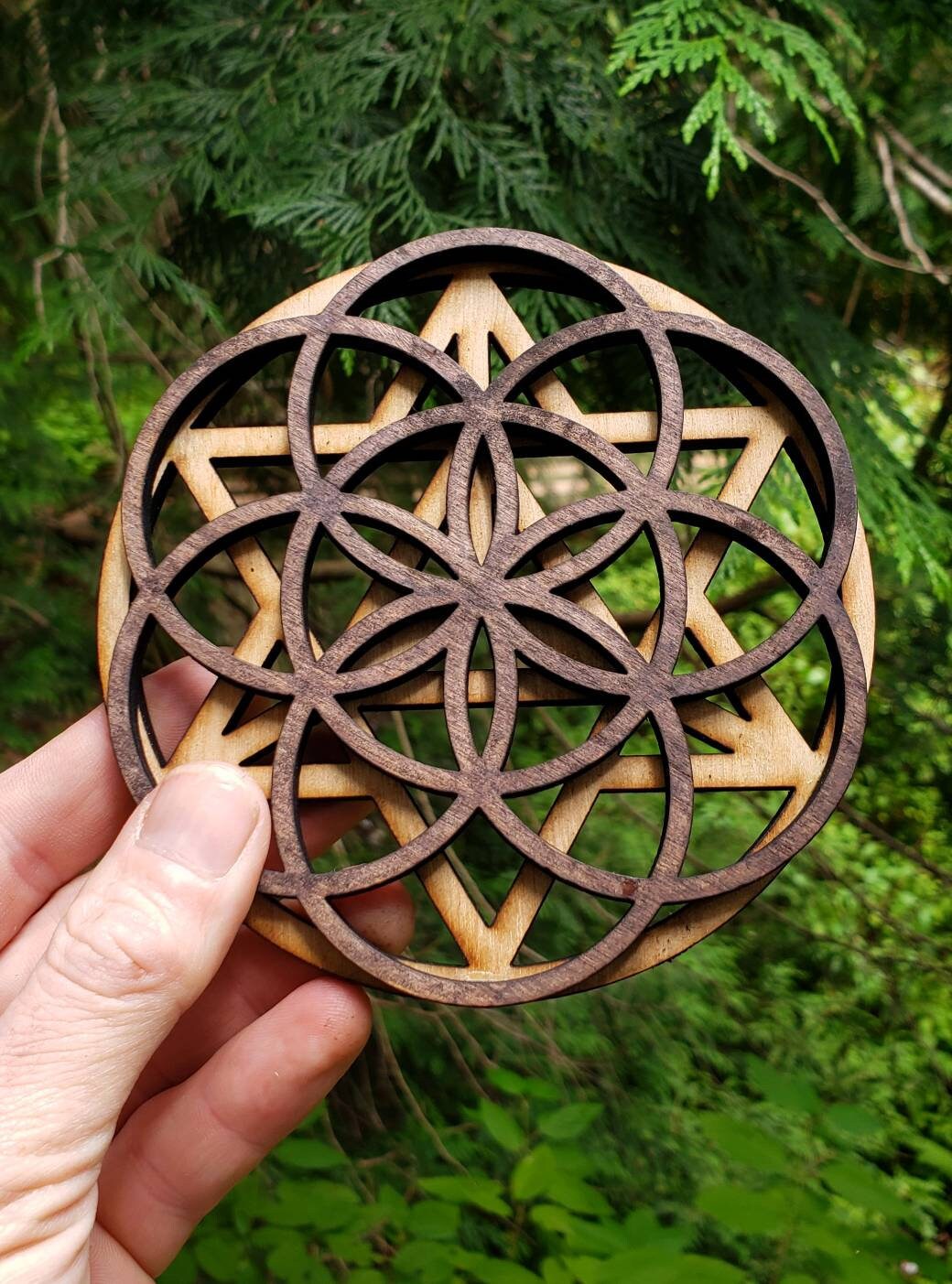 Mini Double Layer Sacred Geometry Wood Art or Crystal Grid - Star Tetrahedron - Seed of Life