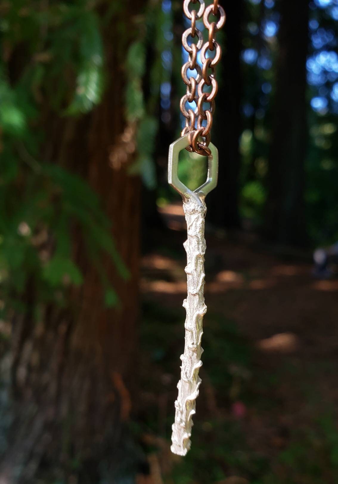 SALE - Key to the Forest - Redwood Twig Hexagon Cast 925 Silver Pendant with Copper Chain - NorCal PNW Style Rustic Chic West Coast Jewelry