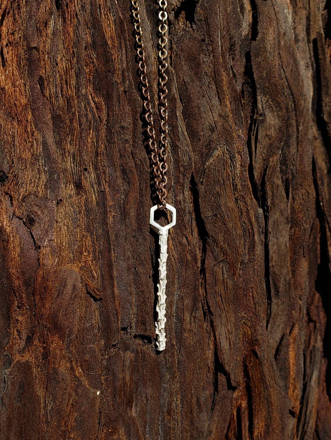 SALE - Key to the Forest - Redwood Twig Hexagon Cast 925 Silver Pendant with Copper Chain - NorCal PNW Style Rustic Chic West Coast Jewelry