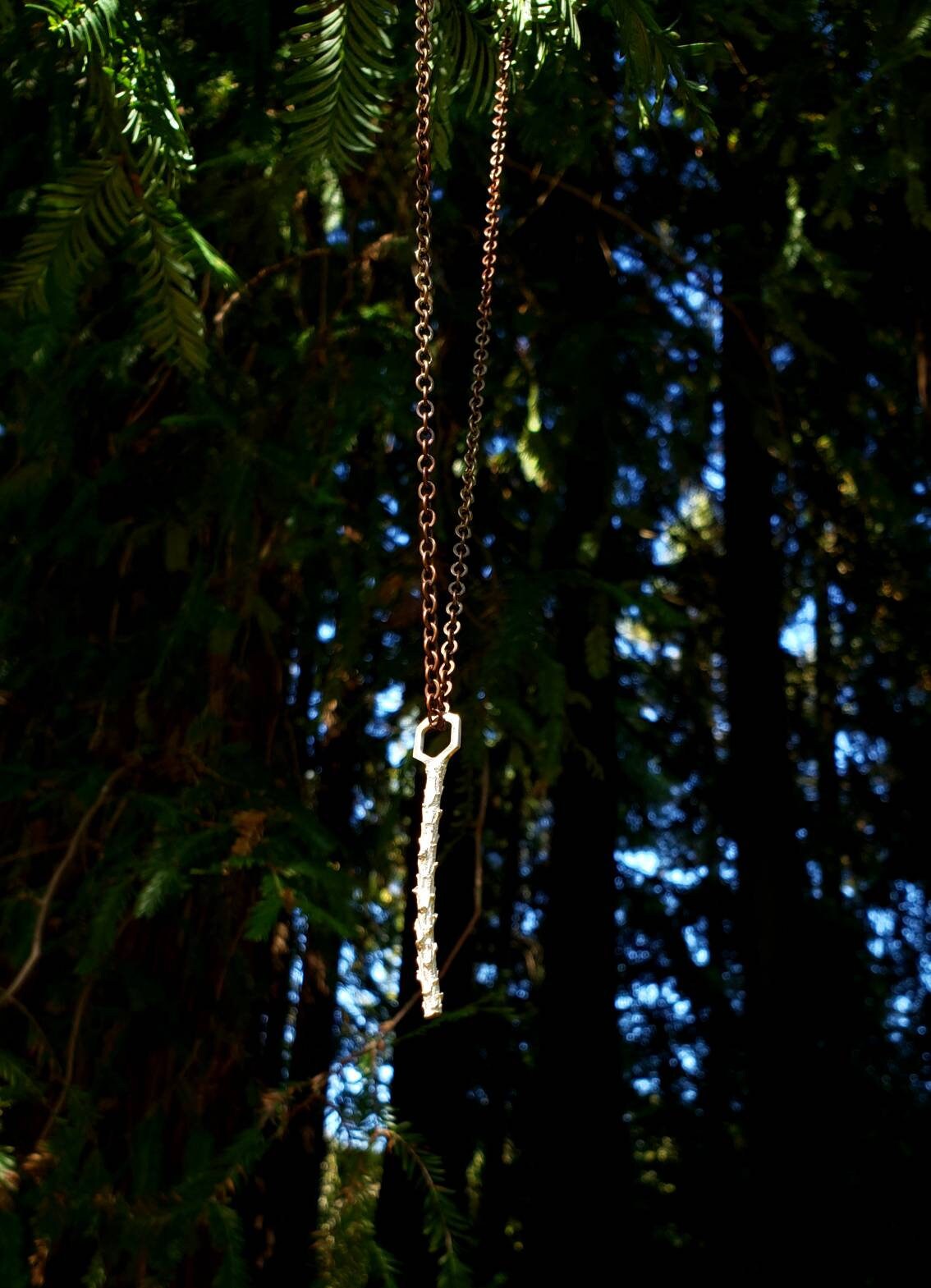 SALE - Key to the Forest - Redwood Twig Hexagon Cast 925 Silver Pendant with Copper Chain - NorCal PNW Style Rustic Chic West Coast Jewelry