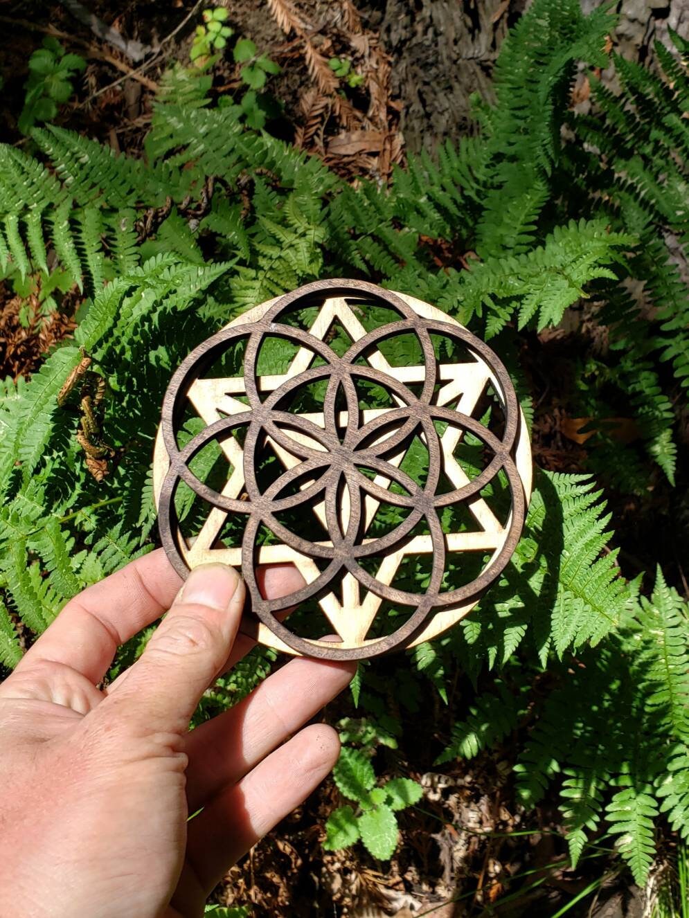 Mini Double Layer Sacred Geometry Wood Art or Crystal Grid - Star Tetrahedron - Seed of Life