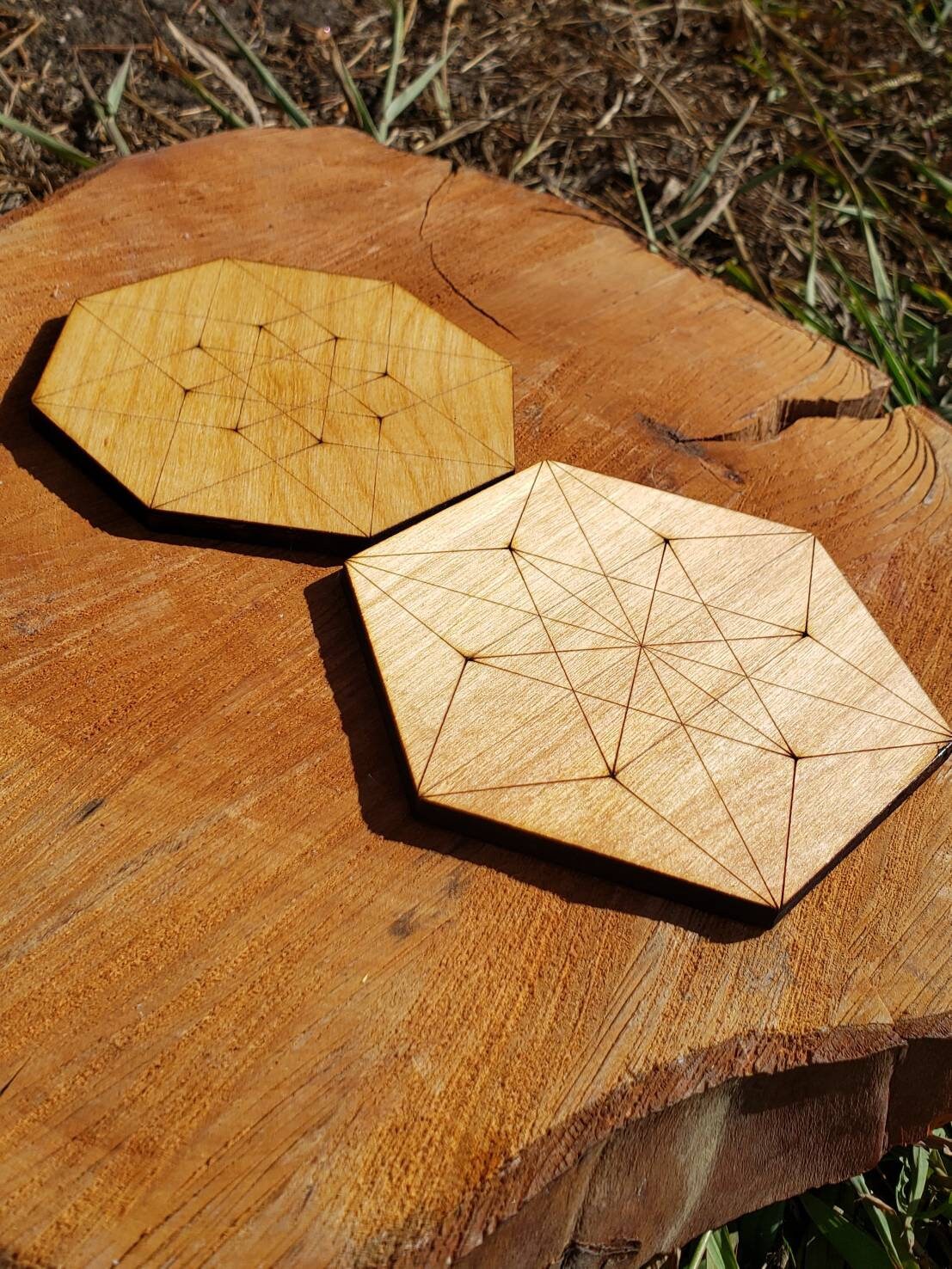 ONE Sacred Geometry Coaster or Mini Crystal Grid - Hypercube Tesseract or Vector Equilibrium  - LaserEngraved from Sustainably Grown Wood