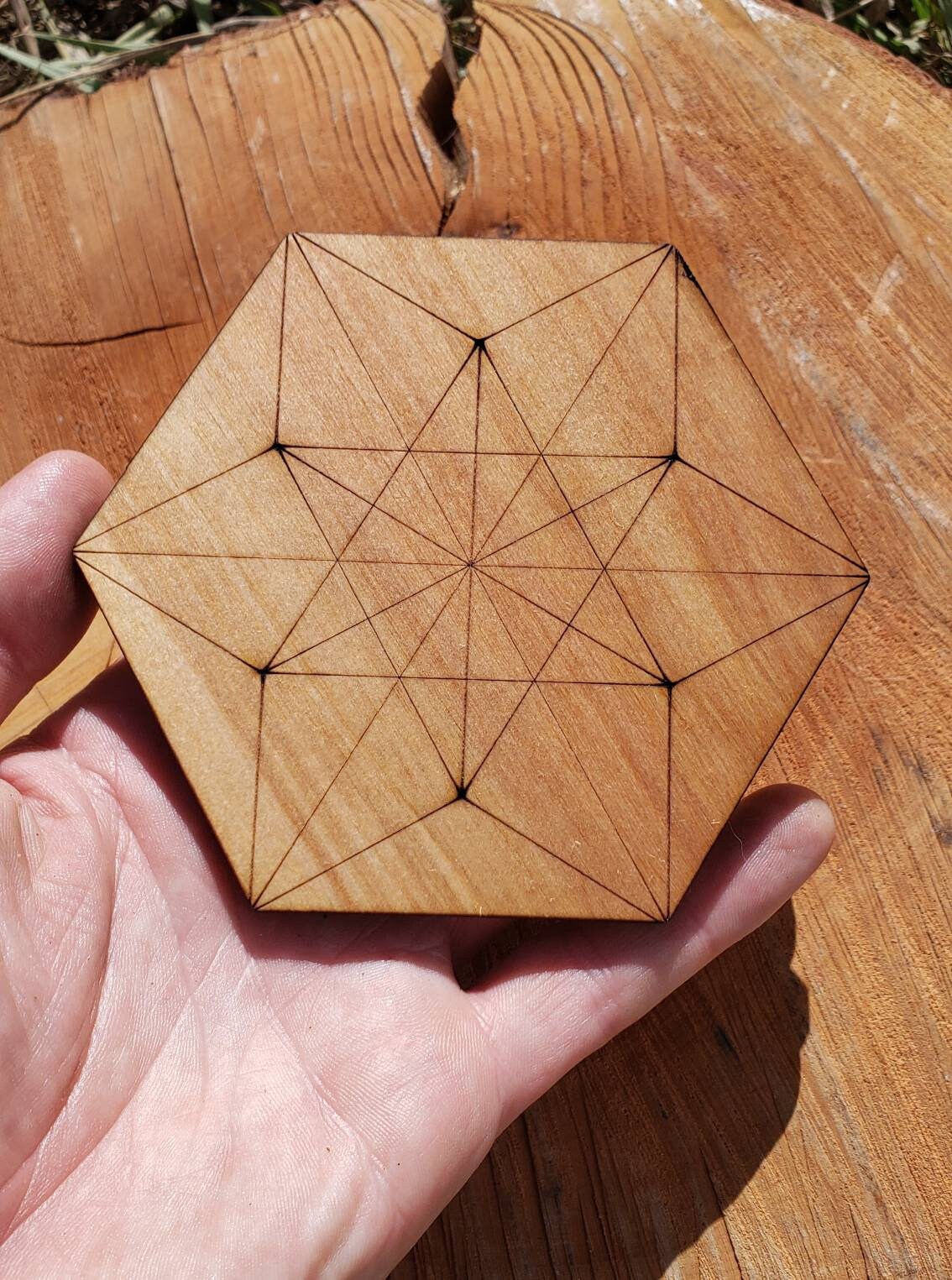 ONE Sacred Geometry Coaster or Mini Crystal Grid - Hypercube Tesseract or Vector Equilibrium  - LaserEngraved from Sustainably Grown Wood