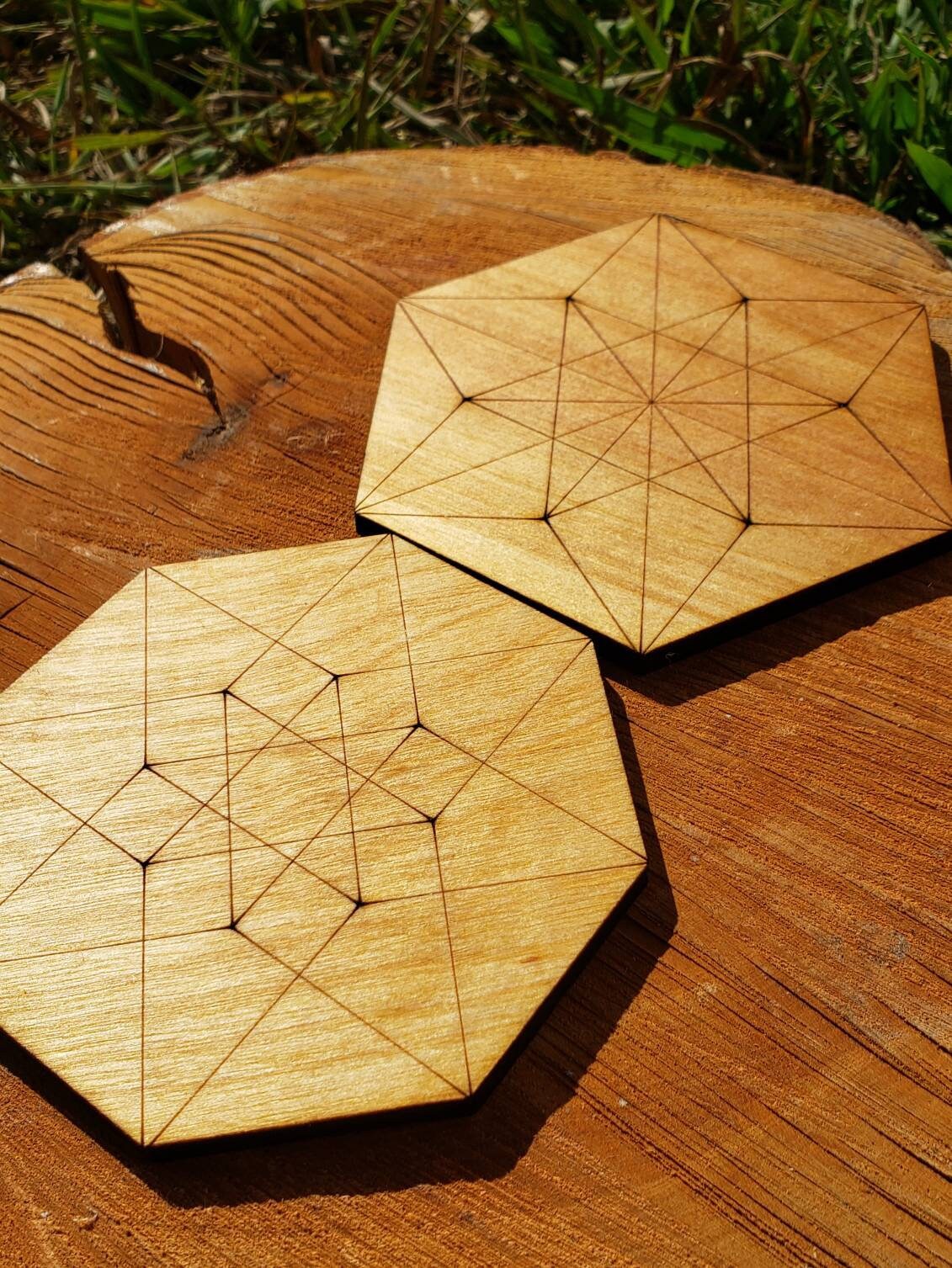 ONE Sacred Geometry Coaster or Mini Crystal Grid - Hypercube Tesseract or Vector Equilibrium  - LaserEngraved from Sustainably Grown Wood